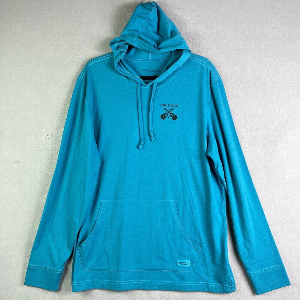 LIFE IS GOOD Sweatshirt Men Large Hoodie Blue Pullover Sweater Guitar Graphic